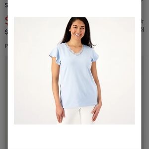 Denim & Co. Favorite Jersey V-neck Flutter Sleeve Top w/ Lace Trim Pale Blue 3X